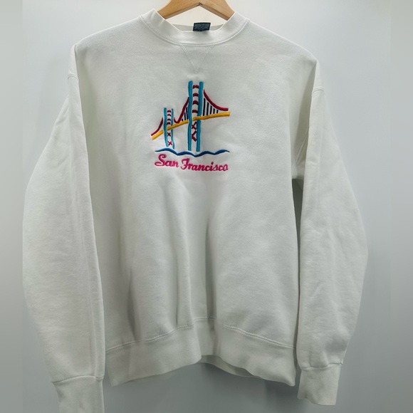 VINTAGE Embroidered San Fran Golden Gate Bridge Rainbow Sweatshirt 90s LG - Picture 2 of 13